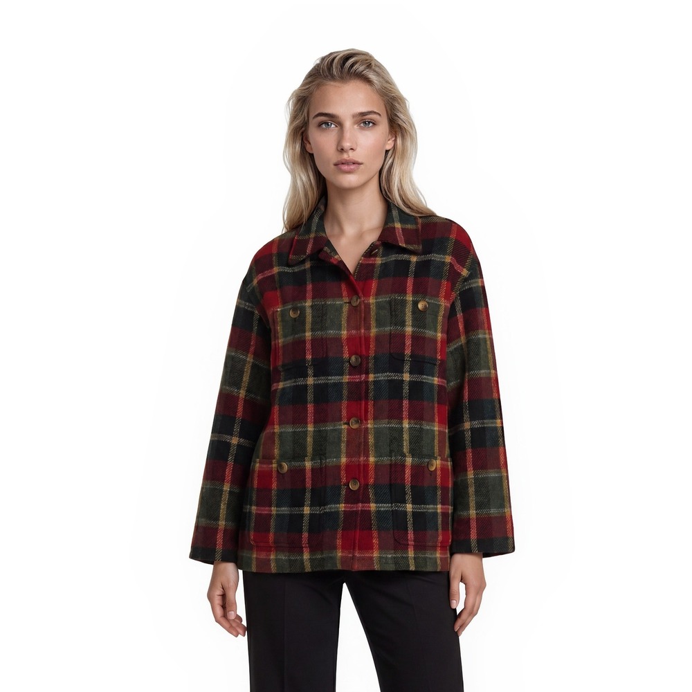 Jones New York Red Plaid 100% Wool Sport‎ Chore Coat Women's Size Medium Shacket